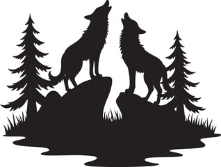 Two wolves howling on rocks with pine trees wolf animal