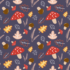 Cute Autumn Mushroom and Leaf Seamless Pattern