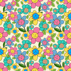 Cheerful Retro Cartoon Flower Seamless Pattern