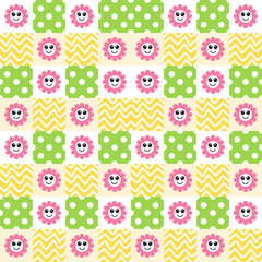 Cheerful Cartoon Flower and Geometric Seamless Pattern