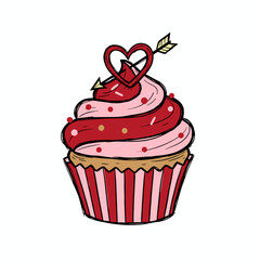 Valentine's Day Cupcake. Romantic Dessert with Heart. Cupid's Arrow Sweet Treat. Hand Drawn Food Illustration. Cute Bakery Logo Design.
