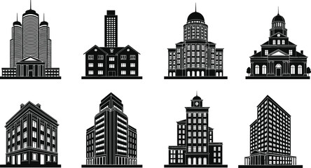Black city building silhouettes collection, modern and classical architecture vector illustration, urban skyline design, real estate and landmark concept art