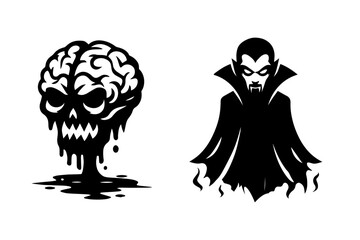 Fototapeta premium Set of two horror-themed Halloween silhouettes: a melting brain skull and a classic vampire in a cape, conveying gruesome, spooky, and traditional scary holiday graphics