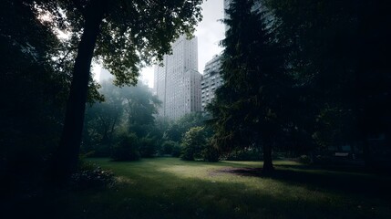 Fototapeta premium A serene city park with lush green grass and trees framed by towering modern buildings in the hazy distance