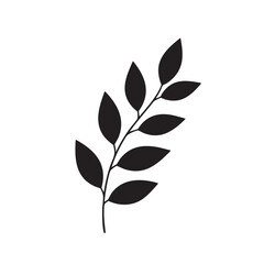 Black silhouette of a simple branch with leaves, ideal for natural, botanical, or organic design elements, set against a pristine white background. Minimalist plant graphic