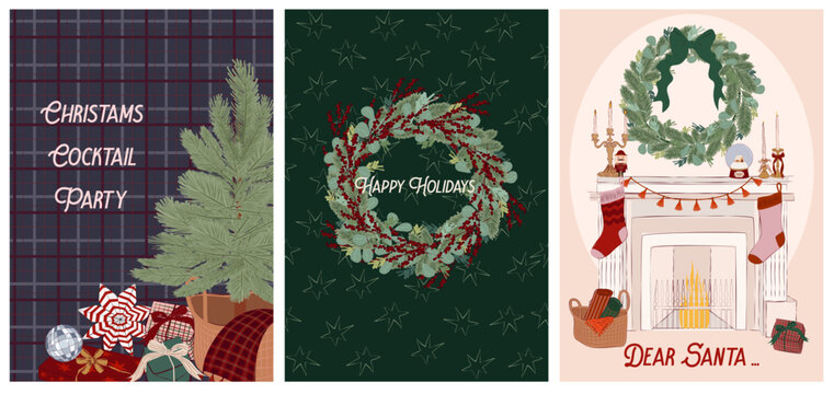 Collection of Holidays Greeting or Invitation cards. Perfect for Christmas, New Year, Winter Holidays. Vintage Cozy Christmas posters. Editable Vector Illustration.