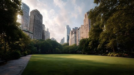 A serene city park lawn with lush trees and towering skyscrapers under a bright cloudy sky