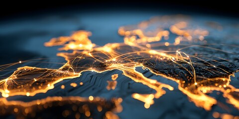 Illuminated network of cities and transportation routes across the european continent glowing with vibrant orange light from above