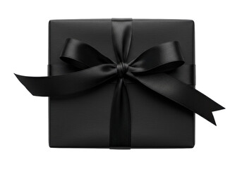 Elegant black gift box with ribbon isolated PNG, luxury present for special occasions and celebrations on transparent background