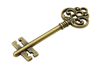 Antique bronze key isolated PNG, vintage ornate skeleton key for treasure chest or secret lock on transparent background