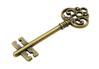 Antique bronze key isolated PNG, vintage ornate skeleton key for treasure chest or secret lock on transparent background