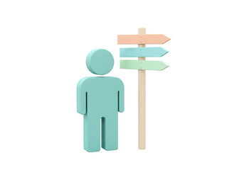 Turquoise person icon with direction sign isolated PNG, 3D rendering of decision making and choice concept on transparent background