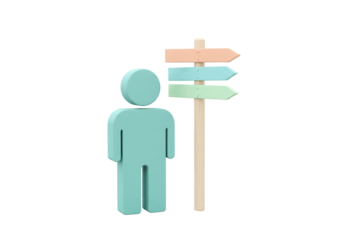 Turquoise person icon with direction sign isolated PNG, 3D rendering of decision making and choice concept on transparent background