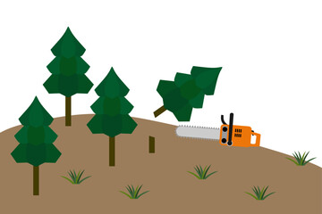 チェーンソーで森林伐採するシンプルなイラスト