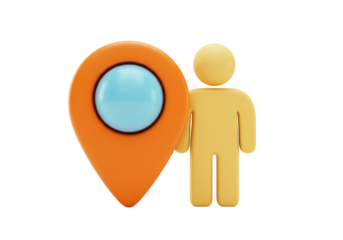 Yellow 3D man with orange location pin PNG isolated on transparent background, navigation and travel concept for maps and user interface design