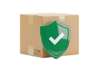 Cardboard box with green shield PNG isolated on transparent background, secure delivery and safe shipping concept