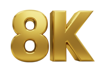 Golden 8K text isolated PNG on transparent background, high resolution display technology for digital media and design
