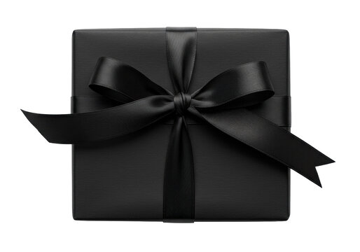 Elegant black gift box with ribbon isolated PNG, luxury present for special occasions and celebrations on transparent background