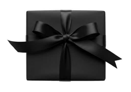 Elegant black gift box with ribbon isolated PNG, luxury present for special occasions and celebrations on transparent background