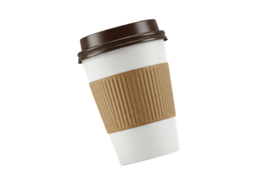 Coffee cup with brown lid and sleeve isolated PNG, hot beverage container for cafe, restaurant and takeaway use