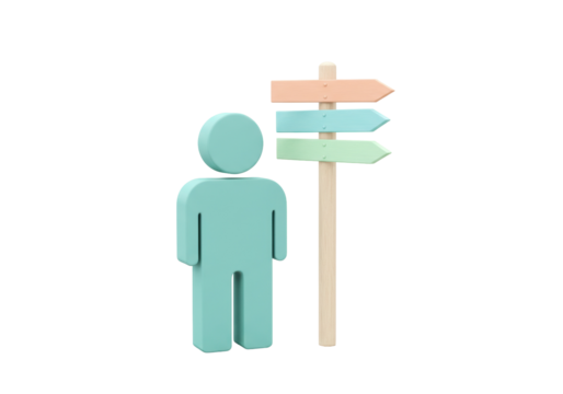 Turquoise person icon with direction sign isolated PNG, 3D rendering of decision making and choice concept on transparent background