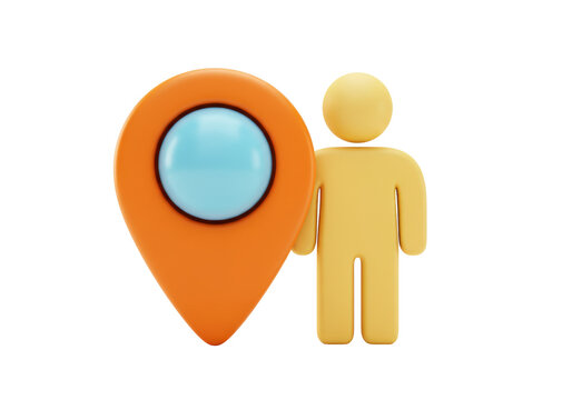 Yellow 3D man with orange location pin PNG isolated on transparent background, navigation and travel concept for maps and user interface design