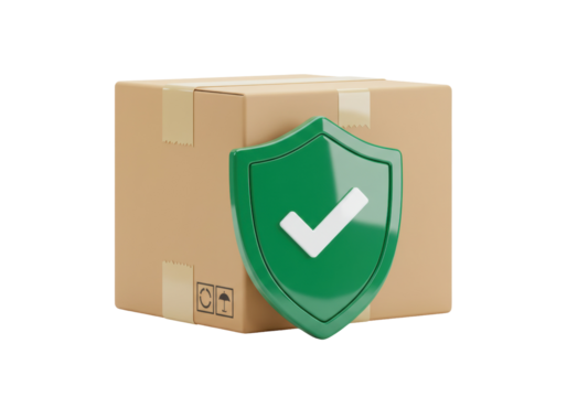 Cardboard box with green shield PNG isolated on transparent background, secure delivery and safe shipping concept