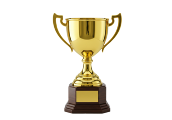 Golden trophy cup isolated PNG on transparent background, award prize for winning and success in sport or business competition