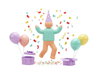 Joyful 3D character with party hat isolated PNG, celebrating with confetti and balloons for birthday or special occasion on transparent background