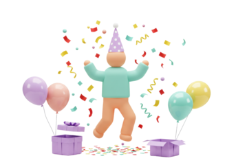 Joyful 3D character with party hat isolated PNG, celebrating with confetti and balloons for birthday or special occasion on transparent background
