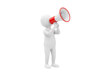 3D stick figure shouting into a red and white megaphone isolated PNG, announcement and communication concept on transparent background
