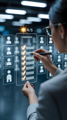 An ai recruitment candidate selection digital checklist hr technology job hiring talent search resume review human hand touchscreen business office rating profile workforce employment career