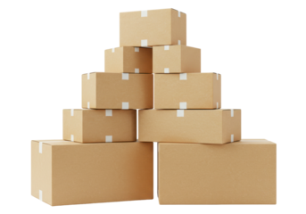 Isolated stack of corrugated cardboard boxes stacked in pyramid shape, shipping and moving
