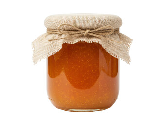 Isolated jar of homemade orange jam with burlap lid cover and twine bow, food preserve