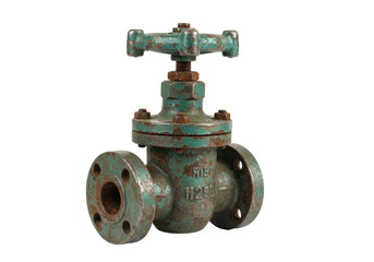 Isolated rusty green industrial water valve pipe fitting, vintage plumbing supply