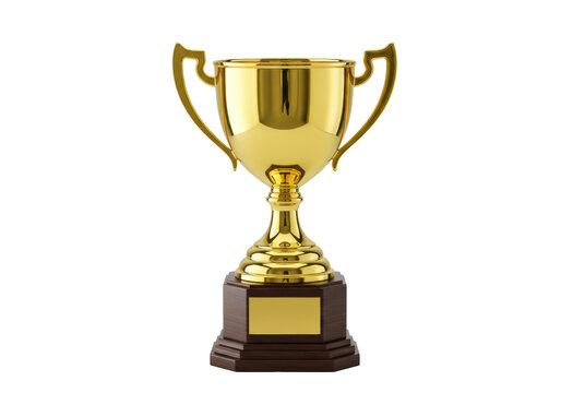 Golden trophy cup isolated PNG on transparent background, award prize for winning and success in sport or business competition