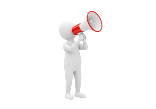 3D stick figure shouting into a red and white megaphone isolated PNG, announcement and communication concept on transparent background - Powered by Adobe