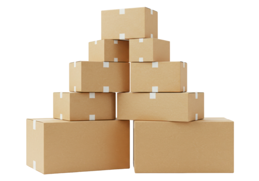 Isolated stack of corrugated cardboard boxes stacked in pyramid shape, shipping and moving
