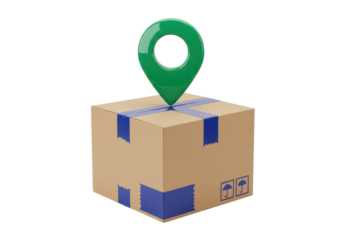 Isolated shipping location, parcel delivery tracking marker pin, cardboard package, taped box