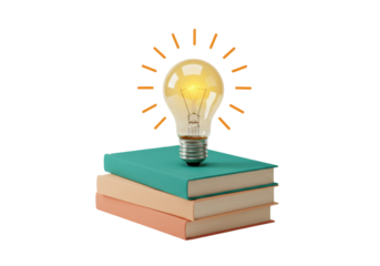 Isolated light bulb on books for education, creativity, inspiration, and learning ideas