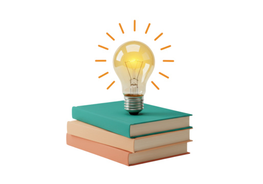 Isolated light bulb on books for education, creativity, inspiration, and learning ideas