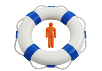 Isolated life buoy with rope and orange man figurine for saving lives and rescue at sea