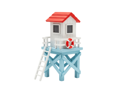 Isolated lifeguard hut miniature model with a red roof, a life preserver, and a ladder, for decoration