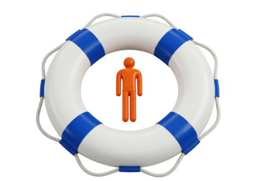 Isolated life buoy with rope and orange man figurine for saving lives and rescue at sea
