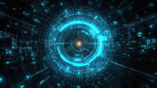 Glowing futuristic circular digital interface with blue light patterns converging towards an orange center suggesting advanced technology and data processing