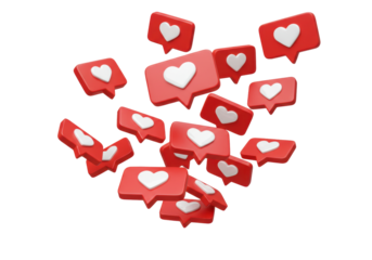 Red 3D like icons PNG isolated on transparent background, social media notification for marketing and engagement