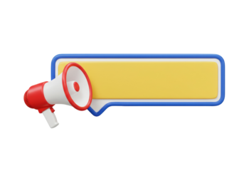 Red and white megaphone with yellow speech bubble isolated PNG, announcement and promotion concept on transparent background
