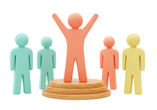 Colorful leadership concept with figures on podium isolated PNG, teamwork and success metaphor on transparent background