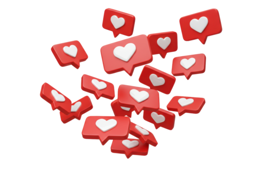 Red 3D like icons PNG isolated on transparent background, social media notification for marketing and engagement