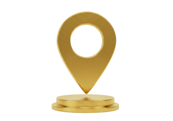 Golden map pointer isolated PNG on transparent background, location pin icon for navigation and travel concepts